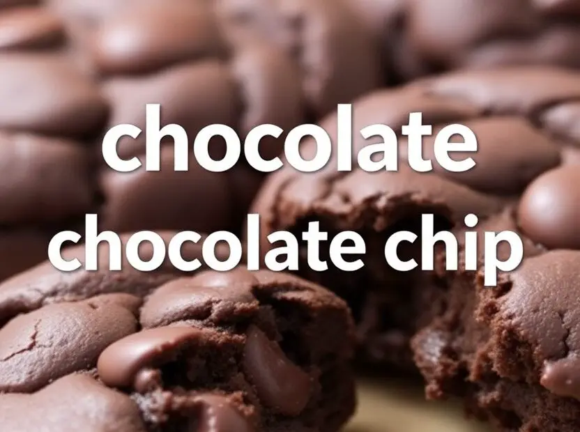 Text overlay "chocolate chocolate chip cookies" on a background image of a dark, rich cookie broken in half to show its fudgy interior and melted chocolate chips.