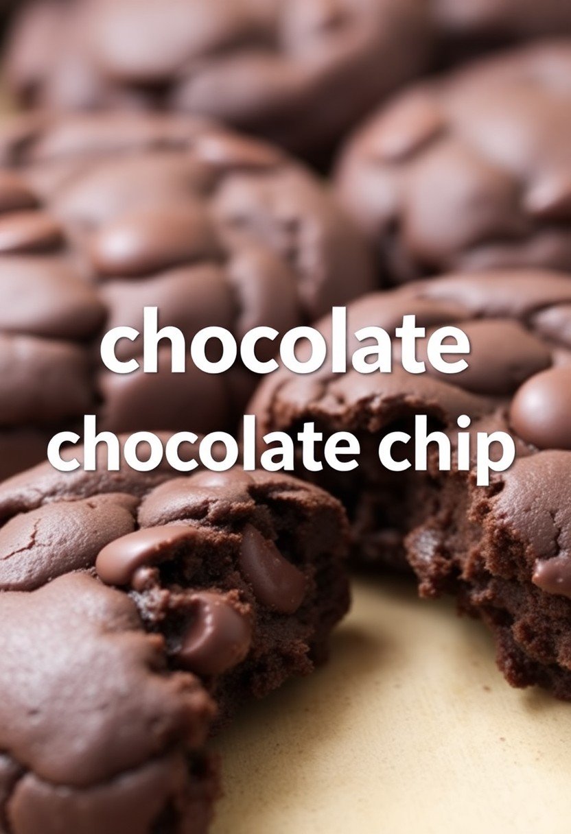 Text overlay "chocolate chocolate chip cookies" on a background image of a dark, rich cookie broken in half to show its fudgy interior and melted chocolate chips.