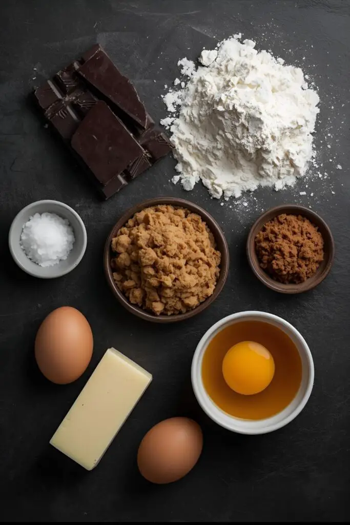 Text overlay "chocolate chunk cookies" on a background image of a perfectly baked cookie broken in half, revealing a gooey, molten chocolate center.