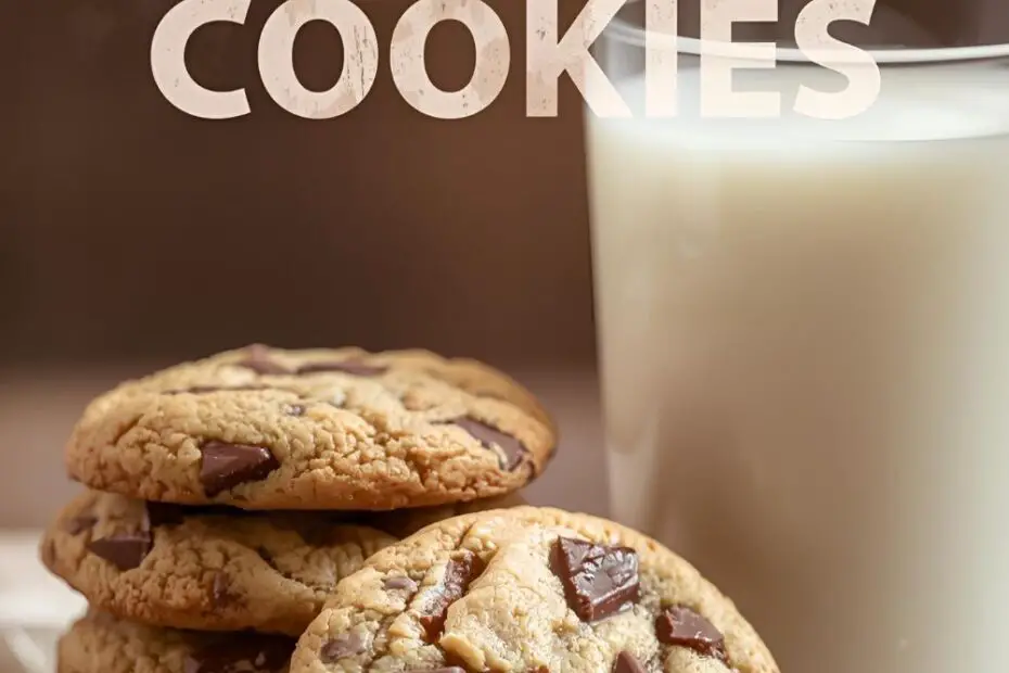 Text overlay "chocolate chunk cookies" on a background image of a perfectly baked cookie broken in half, revealing a gooey, molten chocolate center.