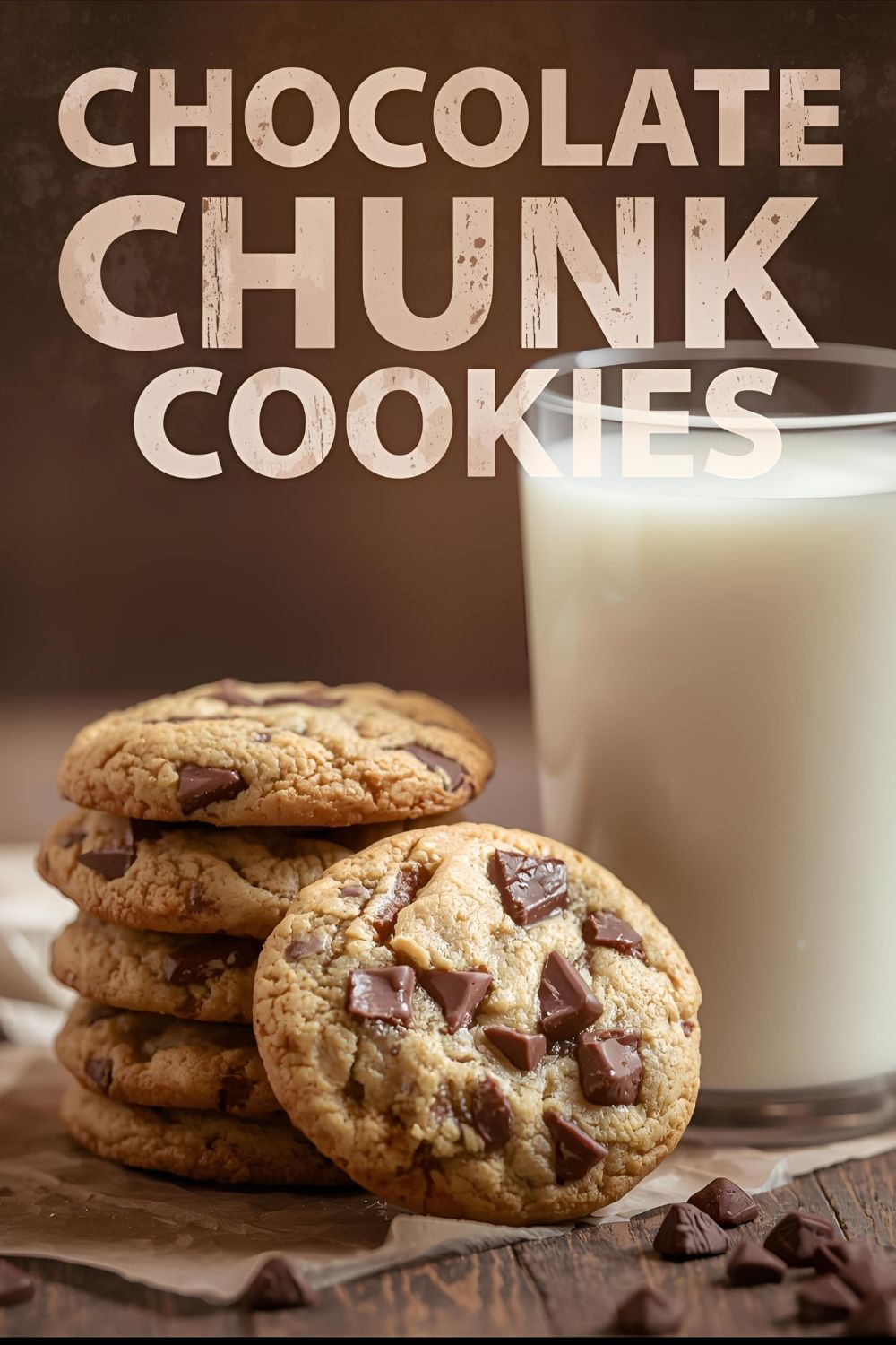 Text overlay "chocolate chunk cookies" on a background image of a perfectly baked cookie broken in half, revealing a gooey, molten chocolate center.