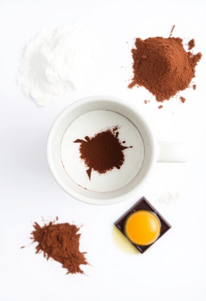 A minimalist flat lay collage of ingredients for a chocolate mug cake arranged around a large coffee mug: a small pile of flour, cocoa powder, sugar, an egg, and a square of dark chocolate.