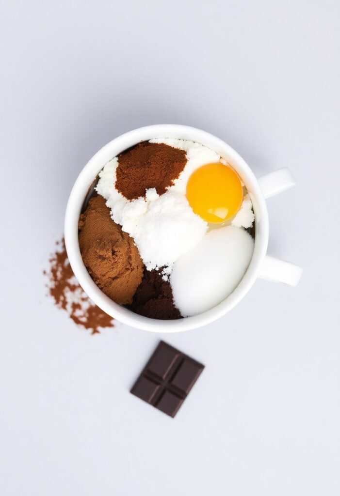 A minimalist flat lay collage of ingredients for a chocolate mug cake arranged around a large coffee mug: a small pile of flour, cocoa powder, sugar, an egg, and a square of dark chocolate.