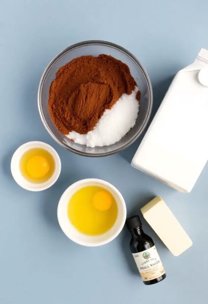 A neat flat lay collage of ingredients for homemade chocolate pudding: a bowl of cocoa powder, sugar, a carton of milk, egg yolks in a small bowl, a stick of butter, and a bottle of vanilla extract.