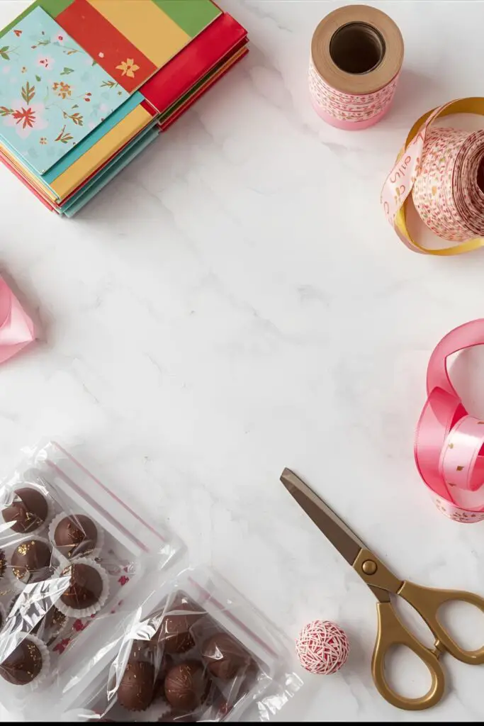 Flat lay of chocolate wrapping supplies: colorful foil squares, cellophane bags, ribbons, and unwrapped chocolates