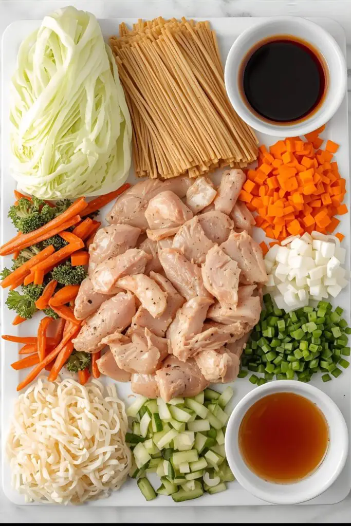 A neat, organized flat lay collage of chow mein ingredients: fresh chow mein noodles, sliced chicken, various chopped vegetables (cabbage, carrots, onion), and small bowls of soy sauce, oyster sauce, and sesame oil.