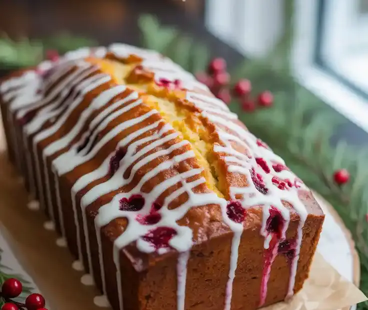 A festive and delicious cranberry orange loaf cake, drizzled with white chocolate and garnished with fresh cranberries, representing a perfect Christmas baking idea.