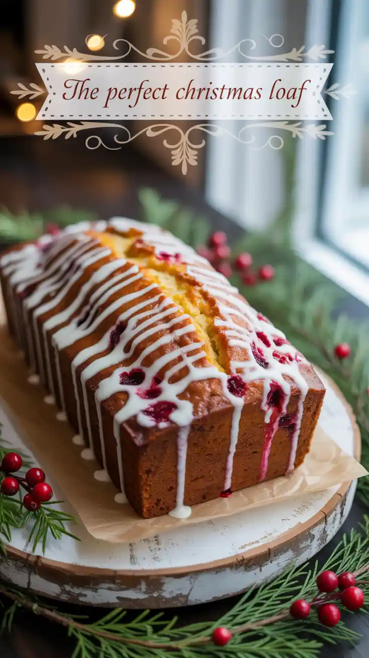 A festive and delicious cranberry orange loaf cake, drizzled with white chocolate and garnished with fresh cranberries, representing a perfect Christmas baking idea.