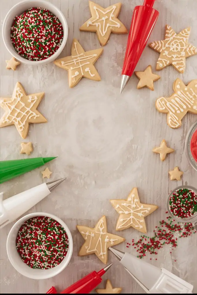 A flat lay of cookie decorating supplies: baked cookies, bowls of colored icing, piping bags, and sprinkles.