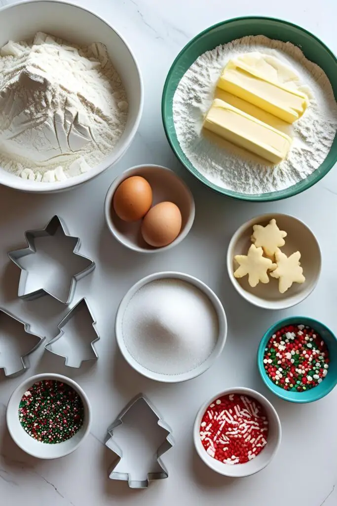 Collage of Christmas cookie ingredients: flour, butter, sugar, eggs, spices, and cookie cutters.
