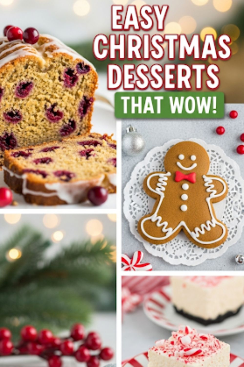 Text overlay "Easy Christmas Dessert Ideas" over a festive and beautiful collage of different holiday desserts, including a cranberry loaf cake, decorated cookies, and chocolate bark.