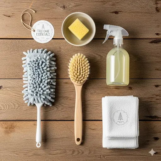 A flat-lay of essential supplies for cleaning an artificial Christmas tree, including a soft-bristle brush, duster, and cleaning spray.
