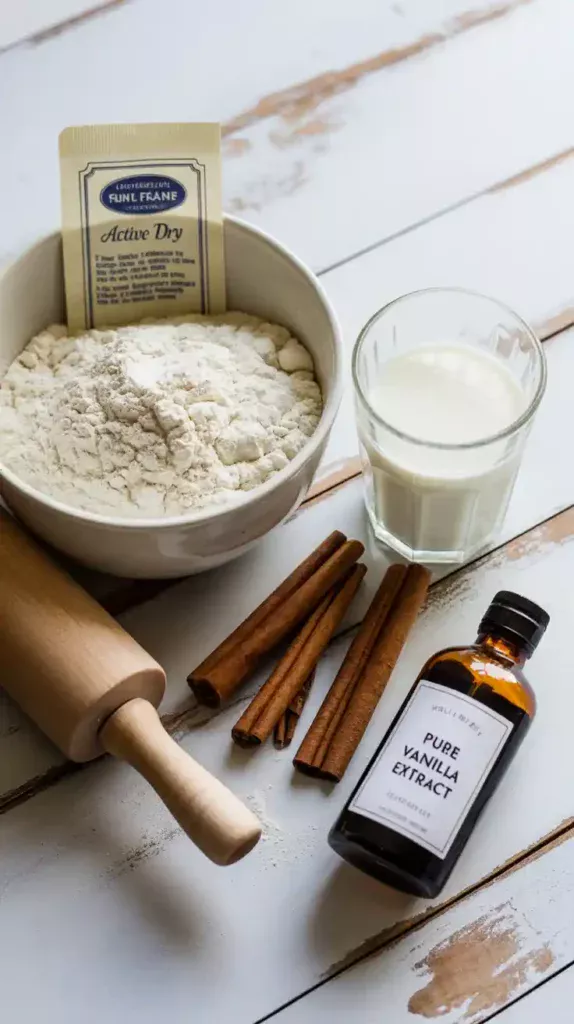 A flat lay of ingredients for making homemade cinnamon buns, including flour, yeast, milk, and cinnamon