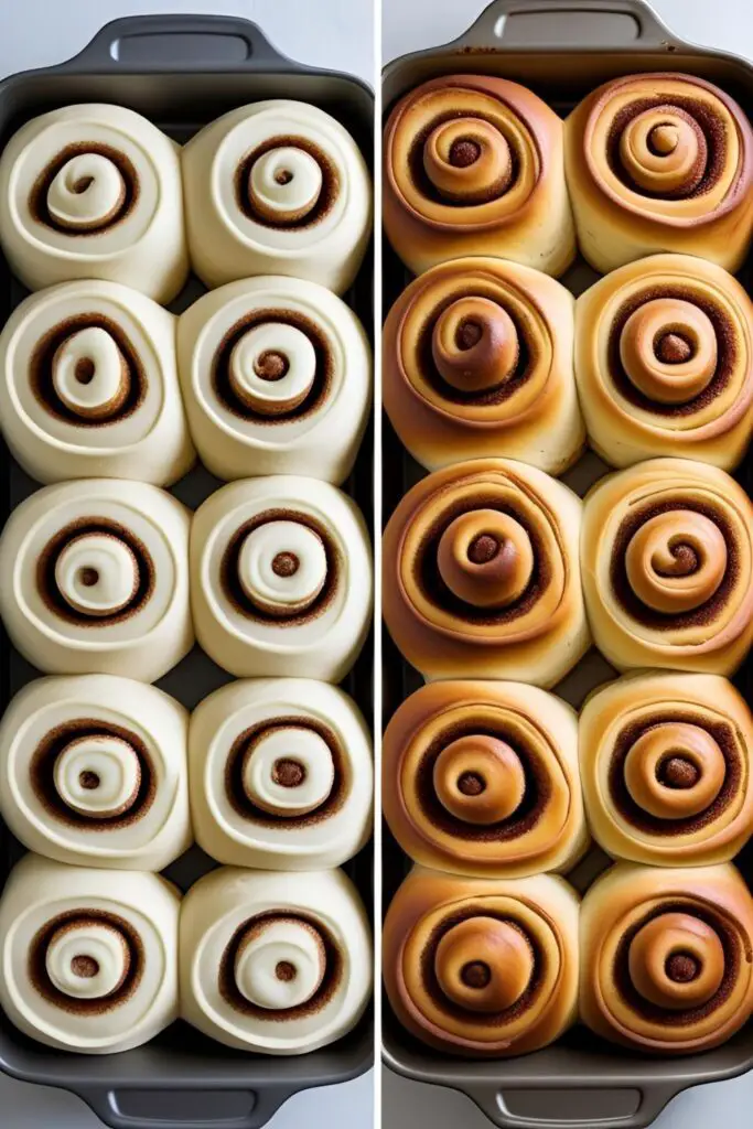 A two-panel image comparing unbaked and baked cinnamon rolls, highlighting their perfect, tight swirl.