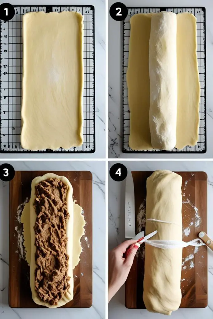 A collage of images showing the step-by-step process of rolling and cutting cinnamon rolls.