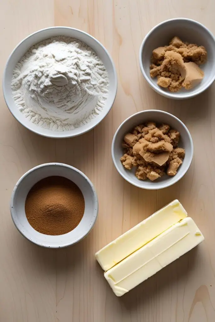 A flat lay of the key ingredients for a cinnamon streusel topping: flour, brown sugar, cinnamon, and cold butter.