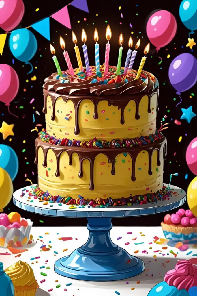 A classic two-layer yellow birthday cake with chocolate frosting and sprinkles, displayed on a cake stand.