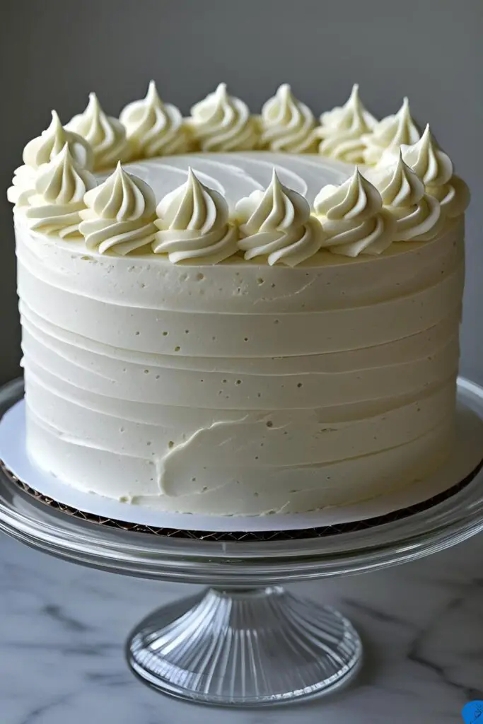 A classic two-layer plain white cake with buttercream frosting, sitting on a glass cake stand.