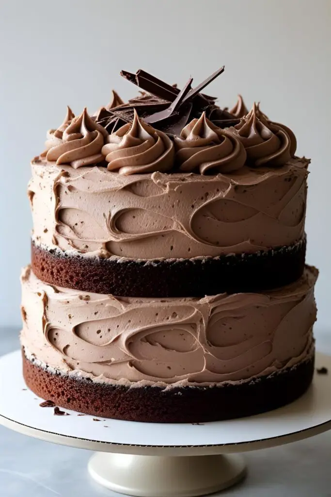A classic two-layer homemade chocolate cake with rich chocolate frosting, displayed on a cake stand.