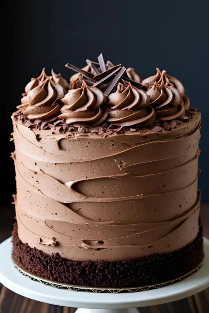  A classic two-layer homemade chocolate cake with rich chocolate frosting, displayed on a cake stand.