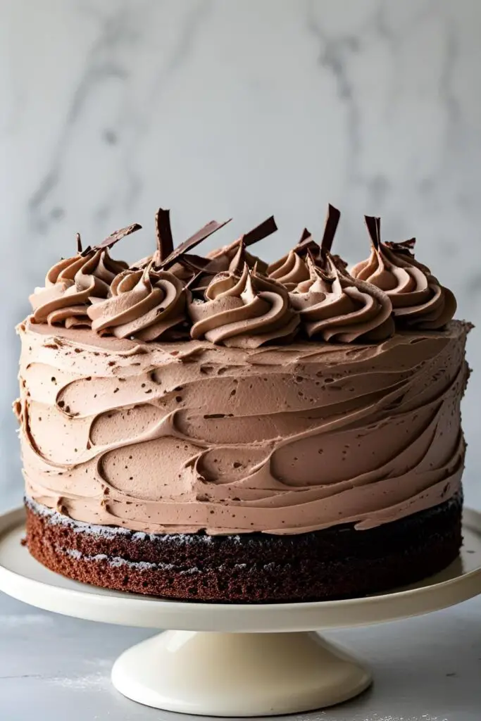 A classic two-layer homemade chocolate cake with rich chocolate frosting, displayed on a cake stand.