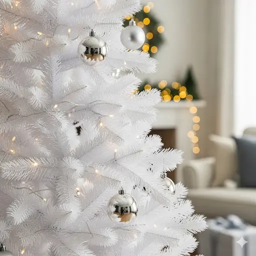 A beautifully decorated, clean white artificial Christmas tree with pristine needles and delicate ornaments.