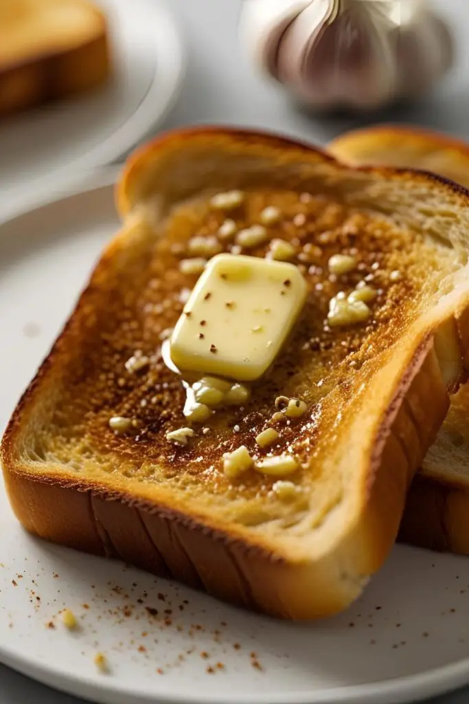 An extreme close-up, macro shot of a piece of Raising Cane's style garlic Texas toast, highlighting the golden-brown, slightly crispy surface and the visible garlic powder and melted butter.