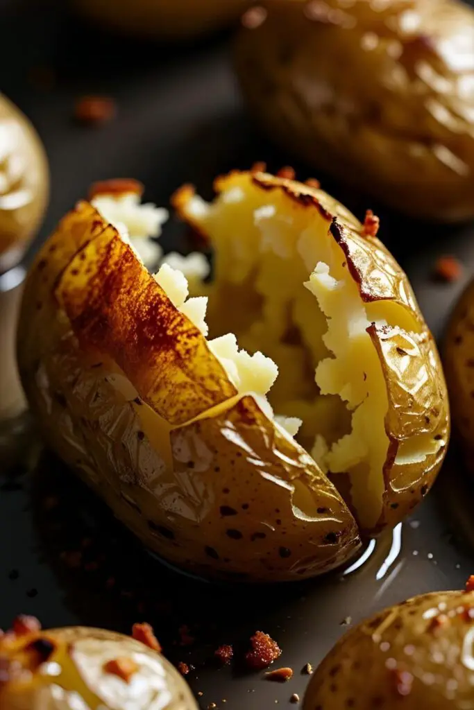 An extreme close-up shot showing the crispy, golden-brown texture of the outside and the fluffy inside of a roasted potato.