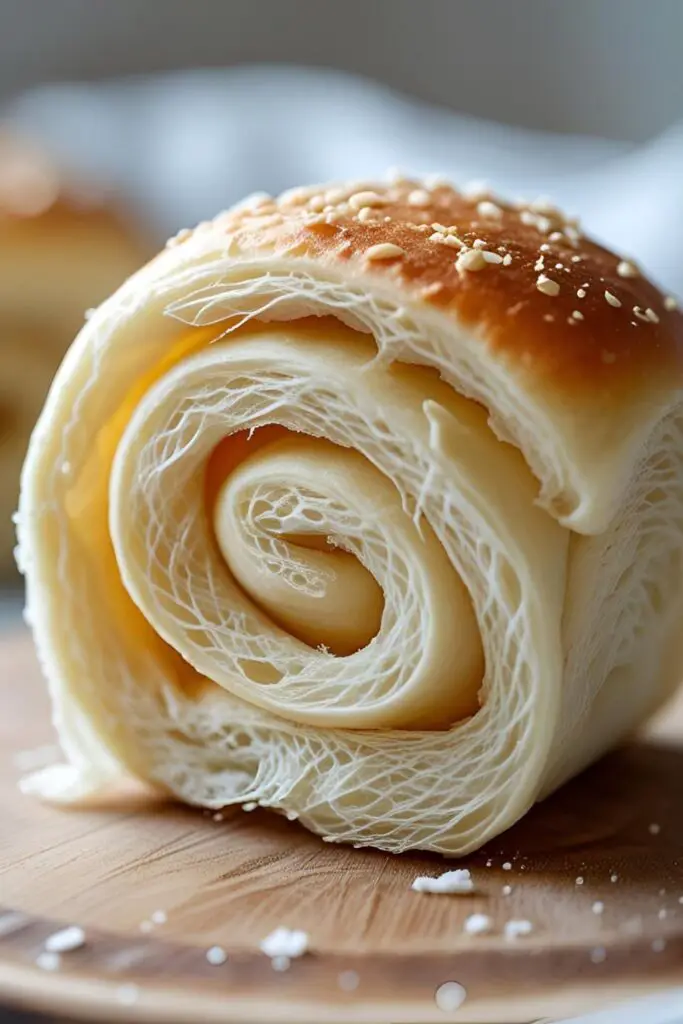 An extreme close-up shot revealing the soft, airy texture of the inside of a freshly baked homemade roll.