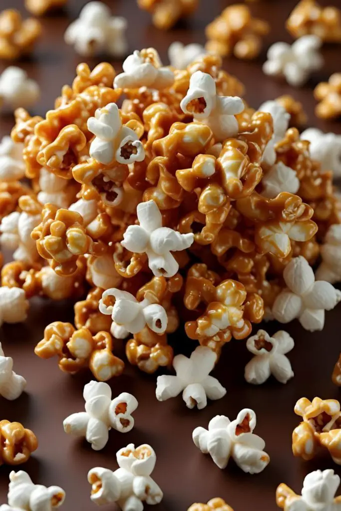  An extreme close-up, macro shot of the finished caramel popcorn, highlighting the thin, glossy, glass-like coating of Werther's caramel on the popcorn kernels.