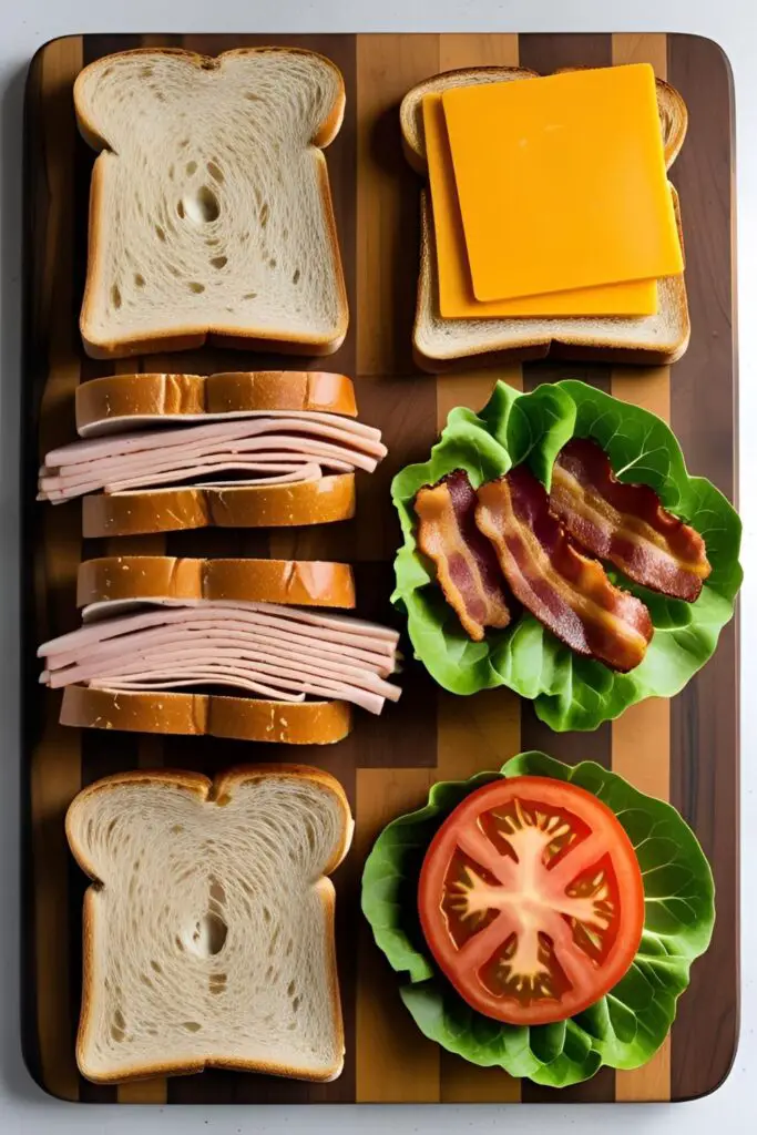 A flat lay of the ingredients for a turkey club sandwich: toasted bread, turkey, bacon, cheese, lettuce, and tomato.
