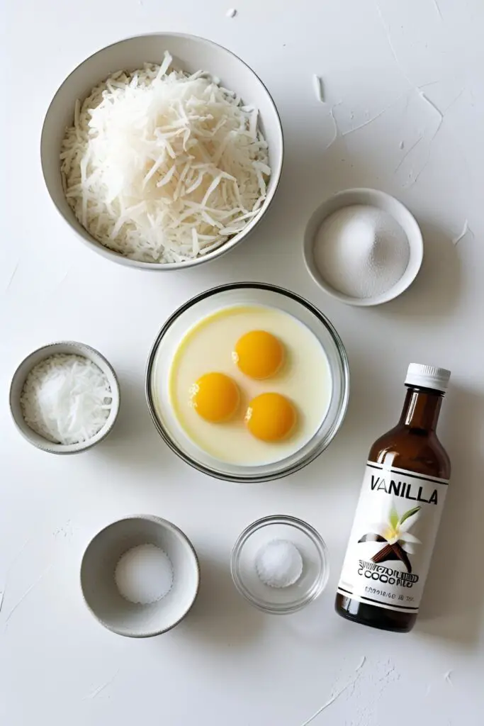 The five simple ingredients for making coconut macaroons—shredded coconut, sweetened condensed milk, egg whites, vanilla, and salt—arranged neatly.