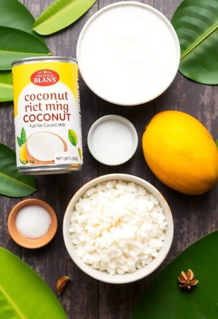 A tropical flat lay collage of ingredients for coconut mango rice pudding: a can of full-fat coconut milk, a bowl of white rice, a fresh ripe mango, a small bowl of sugar, and a cardamom pod.

