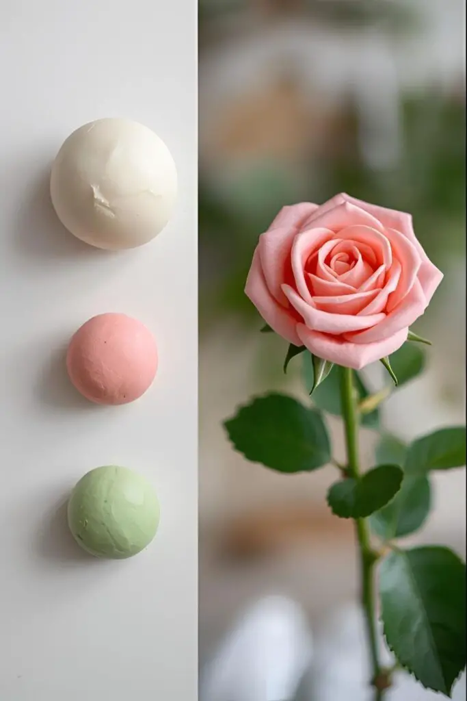 A beautiful composition showing the progression from plain white gum paste to finished, multi-colored sugar flowers.