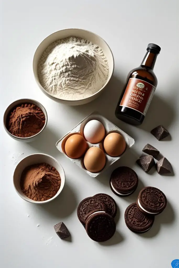 Ingredients for a construction theme cake, including flour, cocoa, eggs, and Oreo cookies, arranged in a flat lay style.