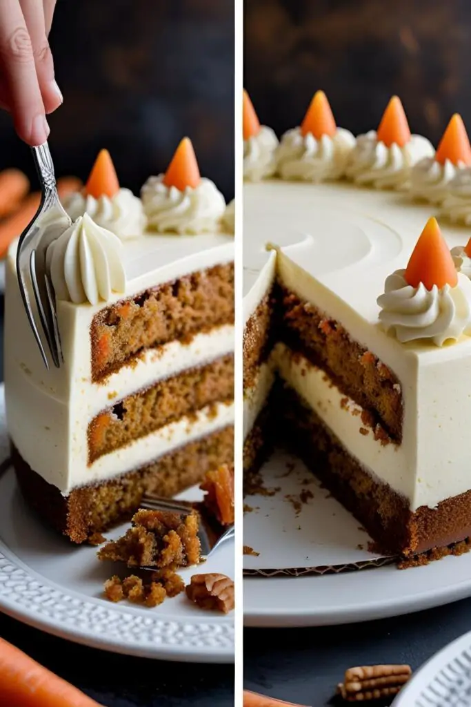 Two views of the finished carrot cake cheesecake: a close-up of a slice and the full cake.