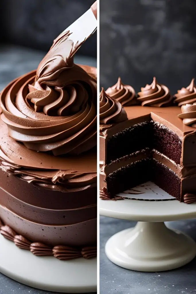 Two views of the finished homemade chocolate cake: a close-up of the frosting and the full layered cake.