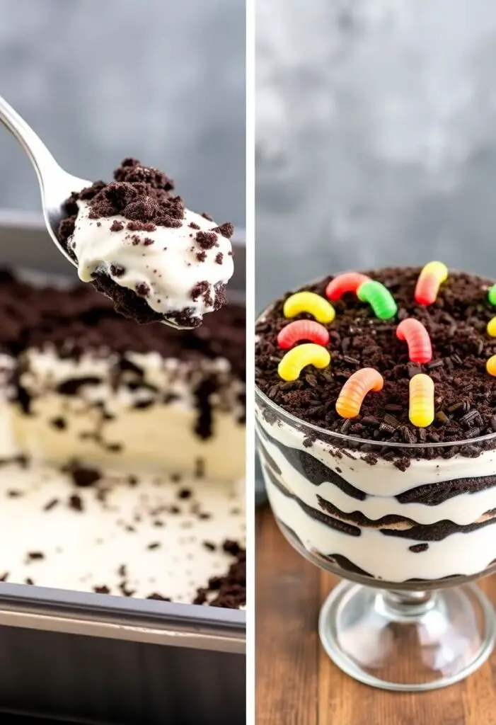 Two views of Oreo dirt cake: a close-up scoop showing the layers and the full dessert in a trifle bowl.