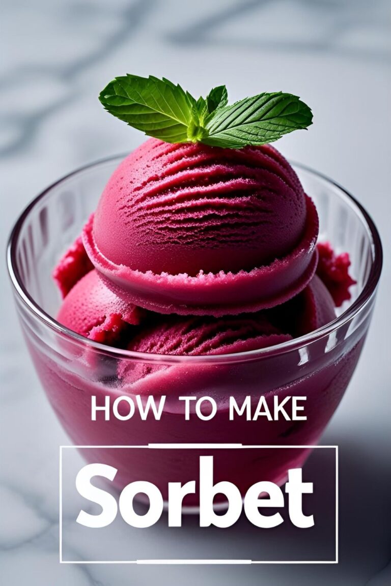 A vibrant scoop of raspberry sorbet with the text overlay "How to Make Sorbet."