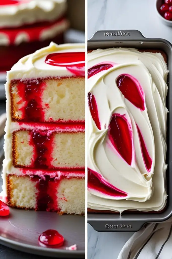 Two views of the finished jello poke cake: a close-up of the jello stripes and the full cake in a pan.