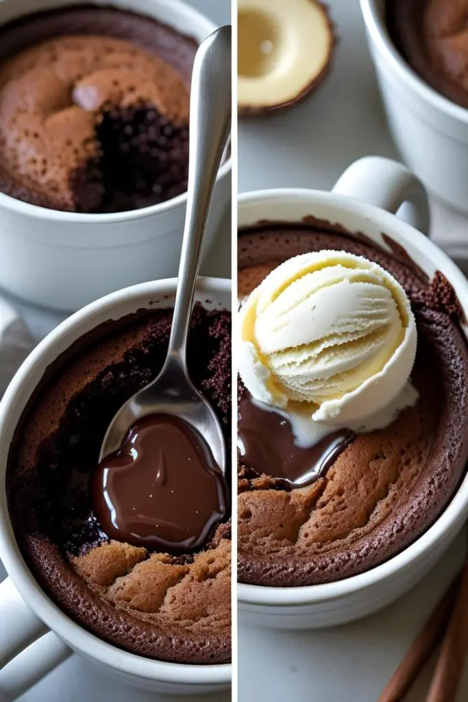 Two views of a cooked chocolate mug cake: a close-up of the gooey center and a styled shot with ice cream.