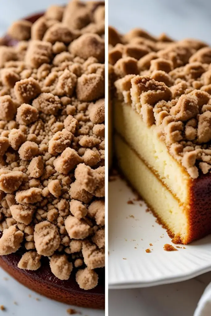 Two views of a finished pumpkin coffee cake: a close-up of the streusel and a full slice on a plate.