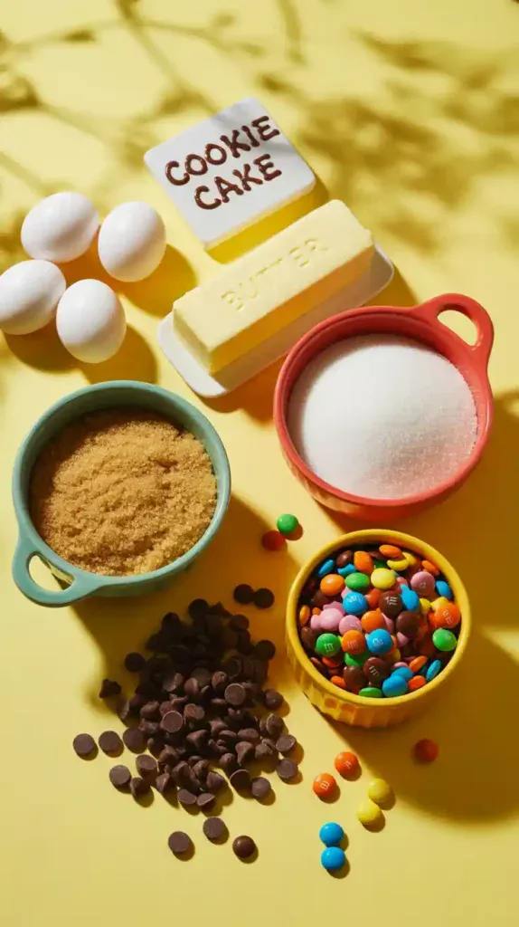 A flat lay of the ingredients for making a homemade cookie cake, including butter, sugar, chocolate chips, and M&M's.