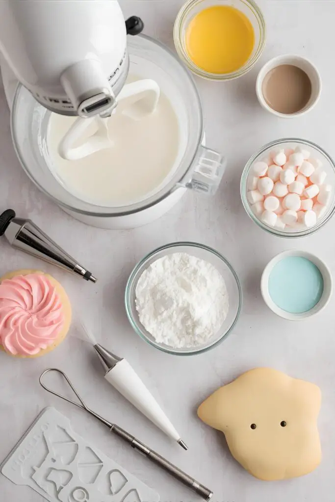  The essential tools and ingredients, including royal icing and piping bags, needed to learn how to decorate cookies.
