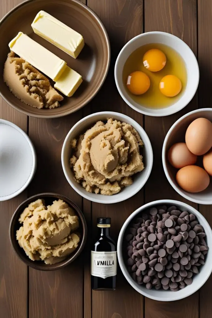  A flat lay of the ingredients for making homemade chocolate chip cookie dough, including butter, sugar, eggs, and chocolate chips.