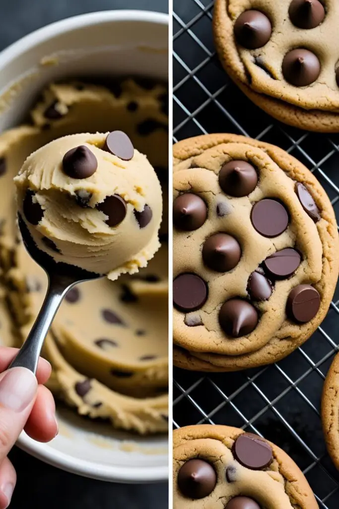 A two-panel image showing a scoop of raw cookie dough on a spoon and a perfectly baked chocolate chip cookie.