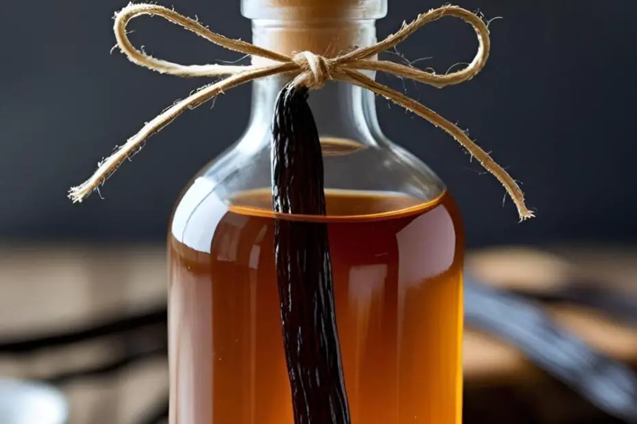 A beautiful bottle of homemade vanilla extract with the text overlay "Homemade Vanilla Extract."