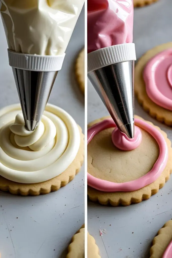 A two-panel image demonstrating the difference between outline and flood cookie icing and showing the decorating technique in action.