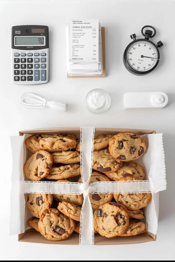 A flat lay of items needed for pricing cookies: a calculator, receipts, a box of cookies, and a time