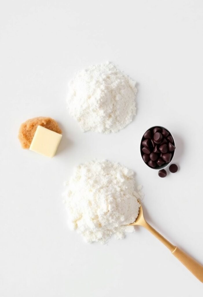A minimalist flat lay collage of the small-batch ingredients for single-serving cookie dough: a small pile of flour, a pat of butter, a spoonful of brown sugar, and a few chocolate chips.